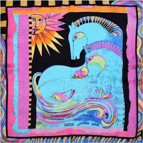 100% Silk Scarf Women Scarf Horse & Bird Hijab Silk Scarf Big Bandana 2019 Female Middle Square Silk Scarf Hot Gift for Lady