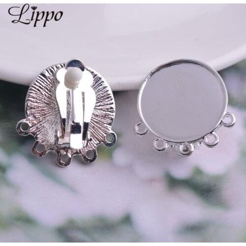 20pcs Alloy Silver 5 Hole Earring Connectors 20mm Cabochon Base Earrings Clips on Earrings Without Piercing Metal Simple No Hole