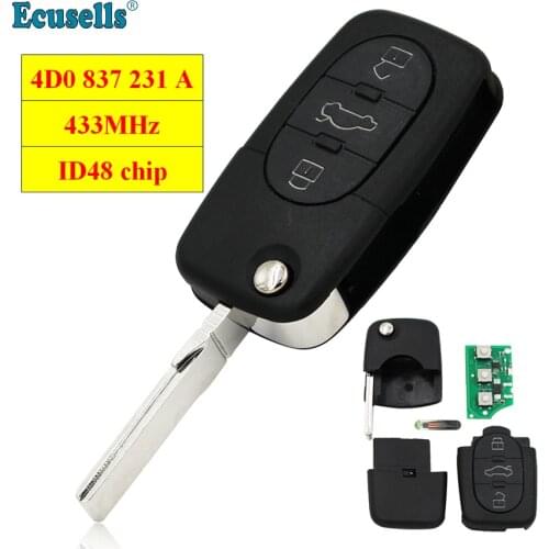 3 Buttons 433Mhz with ID48 chip flip Remote key 4D0 837 231 A For Audi A3 A4 A6 A8 TT 4D0837231A uncut HU66 blade