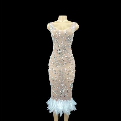 Sparkly Feather Dress Stretch Sexy Nightclub Bar Dance Wear Evening Costume Prom Birthday Clothing