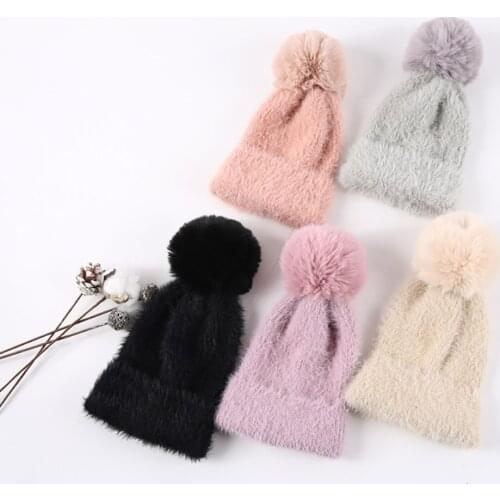 Charm Wood Winter Marten Hair Ball Children Beanie Hats Knitted Lady Skullies Caps With Fur Ball Warm Hat For 2-7 Years Baby Kid