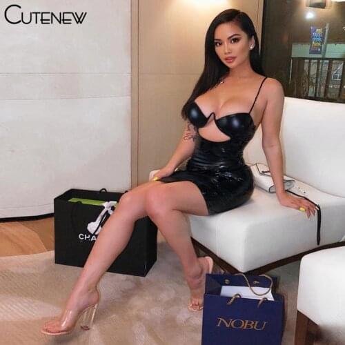 Cutenew PU Leather Solid Mini Dresses Women 2021 Sexy Low Neck Hollow Out Backless Skinny Female Bodycon Party Clubwear Outfits