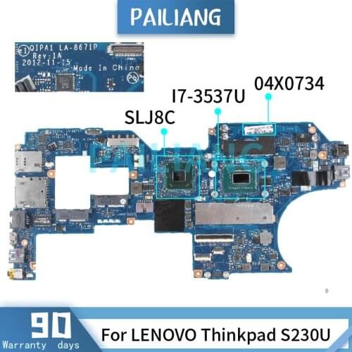 For LENOVO Thinkpad S230U I7-3537U Mainboard FRU: 04X0734 LA-8671P SR0XG With 8GB RAM Laptop motherboard tested OK