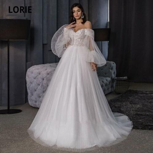 LORIE Elegant Wedding Dresses Puff Sleeve Glitter Wedding Gown Appliques Lace Floor Length Corset Bridal Dress suknia ślubna