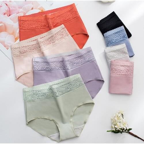 Elifashion New Abdomen High Waist Sexy Solid Color Underwear Women Lace Flowers Combed Cotton Ladies Briefs