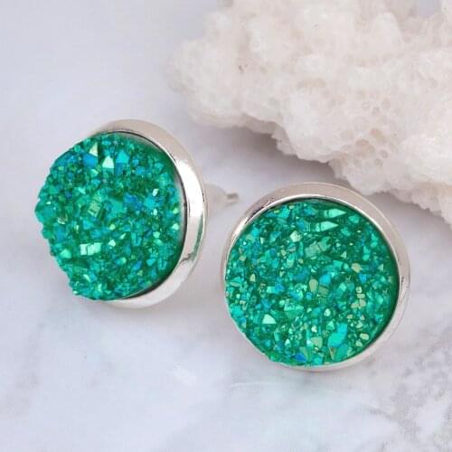 8Seasons Copper Post Stud Earrings Round Silver color Green AB Color W/ Stoppers 16mm x 14mm Hot new