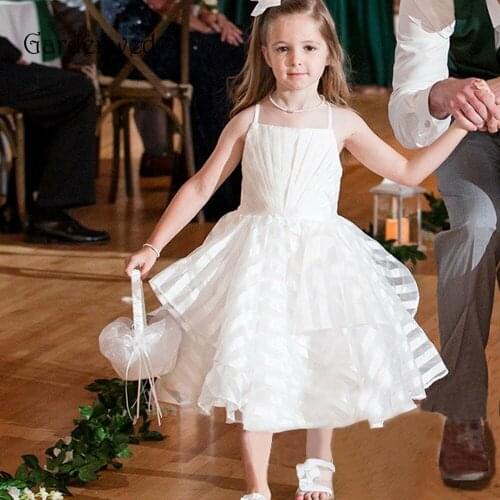 Cute Kids Evening Gowns Organza Baby Layers Skirt Pleats Baby Girls Ruched Party Wedding Dress 2020 Ruffles Hem Spaghetti Straps