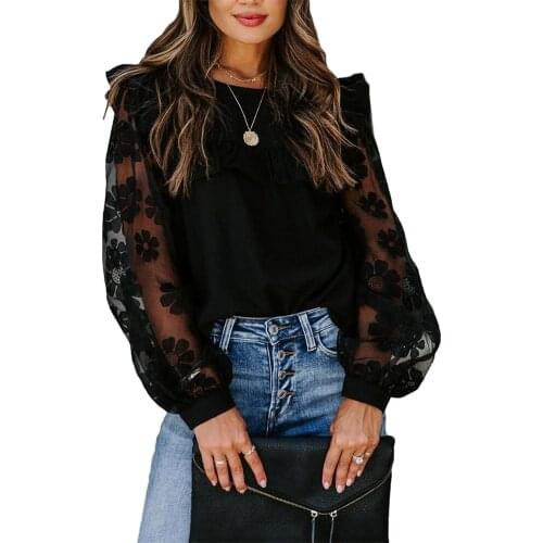 Woman Fashion Mesh Patchwork Round Neck Long Sleeve Blouse Tops Black Lace Falbala Transparent Flower Bubble Sleeve Pullover