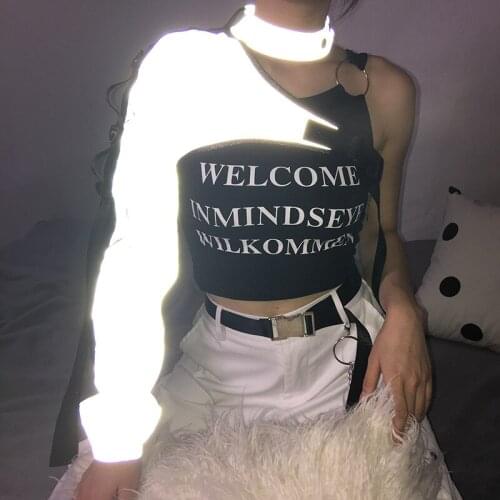 Fashion Punk Gothic Reflective Crop Top T Shirt Black Buckle Sexy Choker Collar One Shoulder Summer Tops For Women Streetwear