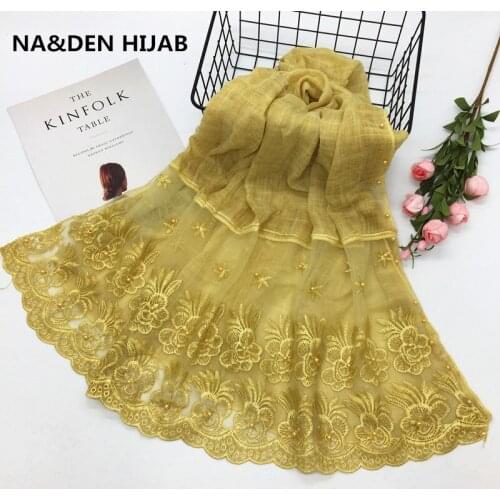 Muslim women scarf hijabs foulard plain beads pearls floral lace edges New design luxury solid shawl viscose fashion 10pcs/lot