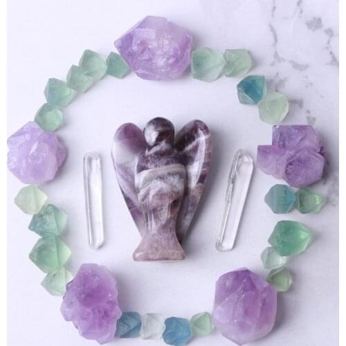A set of mixed crystal natural amethyst angel & amethyst cluster & fluorite & white crystal wand