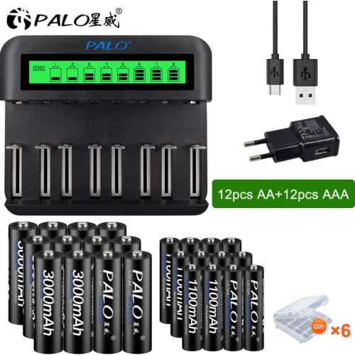 PALO 1.2V AA AAA Rechargeable Batteries 8 Slots Lcd Display Usb Smart Battery Charger For Aa Aaa Sc C D Size 1.2V Ni-Mh Ni-Cd
