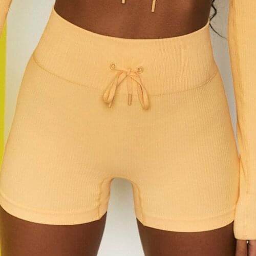 Ribbed Seamless Gym Shorts Women High Waist Tummy Control Fitness Running Sports Shorts Drawstring Squat Proof Yoga Booty Shorts
