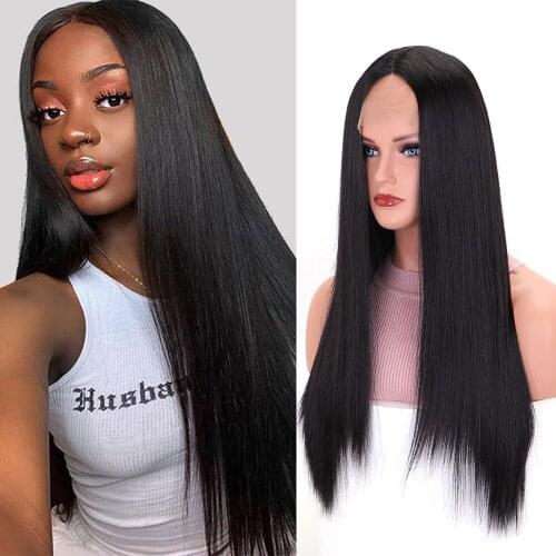 Kimi Hair Long Straight Black Middle Part Hairline Synthetic Wig for Black Women Lace Front Wig High Temperature Fiber