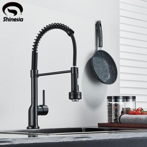 Shinesia Black Spring Kitchen Sink Faucet Sprayer Stream Spout Pull Down Spout Kitchen Mixers Deck Mount Hot and Cold Water Tap