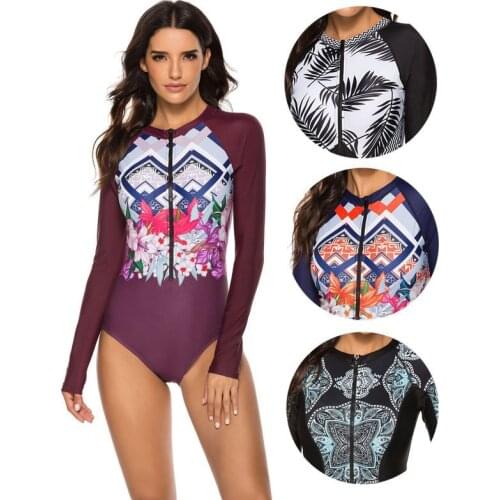 Ethnic Style Print Long Sleeve One Piece Swimsuit Women Swimwear Zipper O-Neck Bathing Suit Bodysuit Brazilian Beachwear Summer