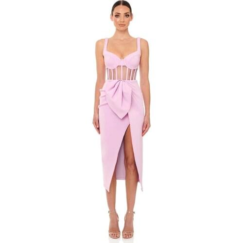 Womens Summer Style Sexy Sleeveless Lace Mesh Midi Dress Bodycon Bandage Split Pink Ladies 2021 Elegant Club Party Dresses