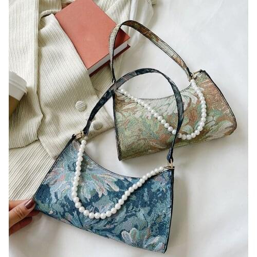 Women Oil Painting Printed Shoulder Bag Leisure Female Street Underarm Bag Casual Ladies Fashion Pearl Chain Small Purse Handbag