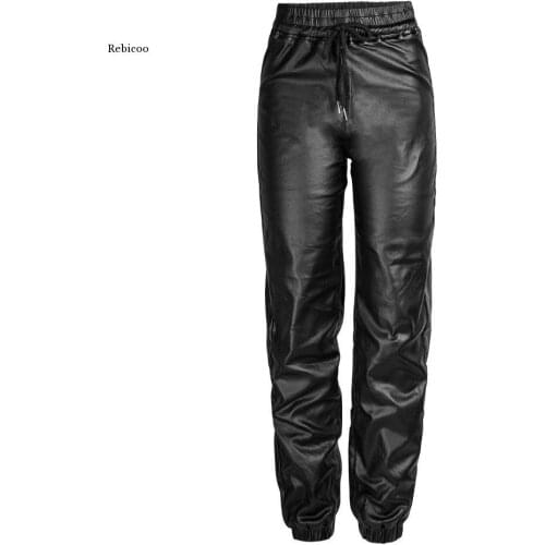 Faux Leather Pants Women Plus Size Elastic Tie Waist Trousers Autumn Winter Thick Pu Pants Black