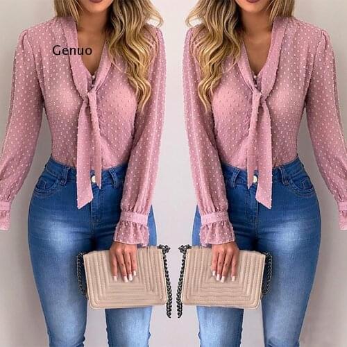 Women New Fashion Elegant Chiffon Blouses Long Sleeve V-Neck Shirt Office Blouse Slim Casual Female Polka Dot Top