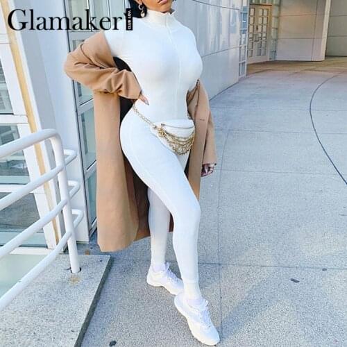 Glamaker White bodycon sexy jumpsuit romper Women autumn long sleeve black jumpsuit Female knitted bodycon playsuit overalls new