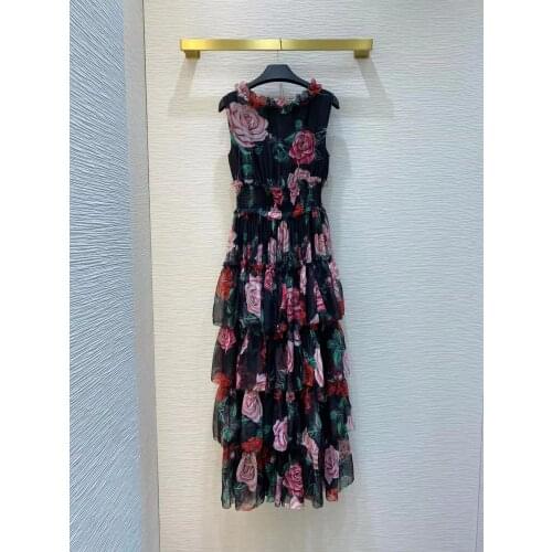 HIGH QUALITY 2021 Newest Runway Designer Summer Dress Womens V-Neck Sleeveless Flowers Printed Ruffles Midi Dress