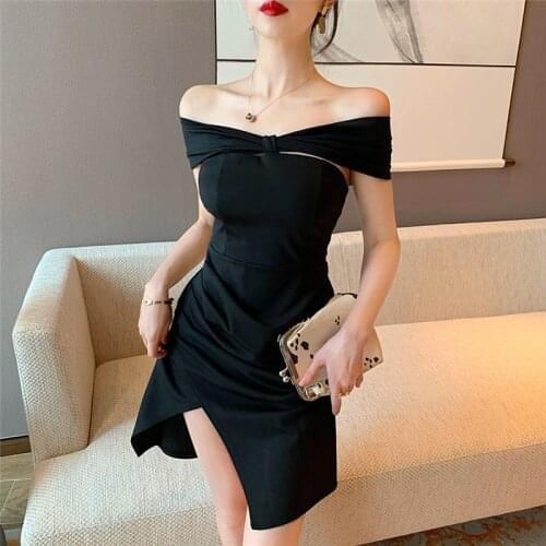 2020 Ladies Summer Elegant Off Shoulder Irregular Black Split Dress Solid Color Nightclub Sexy Casual Party Dress