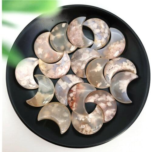 1pc Natural Snowflake Cherry Blossom Agate Moon Shaped Crystal Gemstone Healing Natural Stones and Minerals