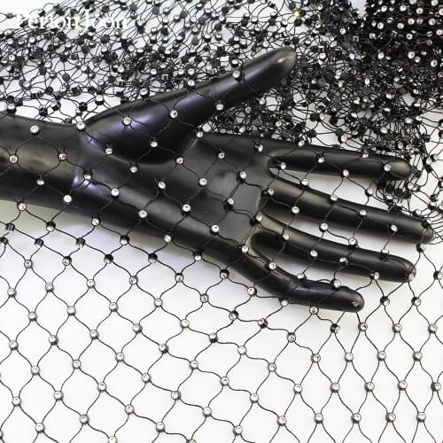1 yard Black Mesh Rhinestones Fabric Glitter Sewing Crystal Glass Trim Stretch Strass Applique for Dress Decoration