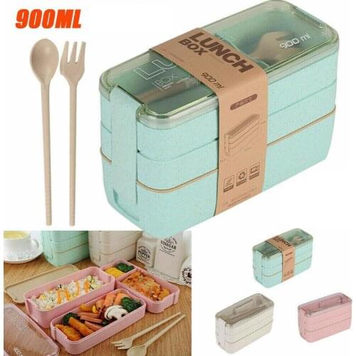 900ml Portable Healthy Material Lunch Box 3-Layer Wheat Straw Bento Boxes Microwave Dinnerware Food Storage Container Foodbox
