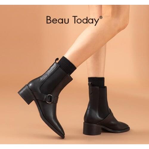BeauToday Women Chelsea Boots Sheepskin Leather Square Toe Metal Ring Decorative Ladies Ankle Length Shoes Handmade 03398