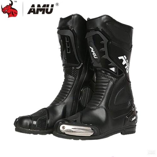 AMU Leather Motocross Boots Motorcycle Boots Men Waterproof Moto Boots Motorbike Riding Boots Black Botas Moto Motorcycle Shoe