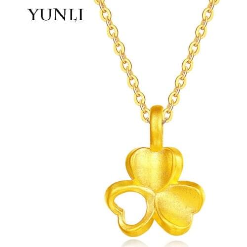 YUNLI Pure 24K 999 Gold Pendant Necklace Clover with Real 18K Gold AU750 Necklace for Women Fine Jewelry Gifts