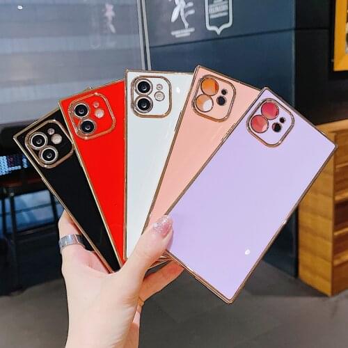 Phone Case For iPhone 12 11 Pro X XR XS Max 7 8 Plus SE 2 12 Mini Luxury Square Design Electroplated Soft TPU Candy Colors Case