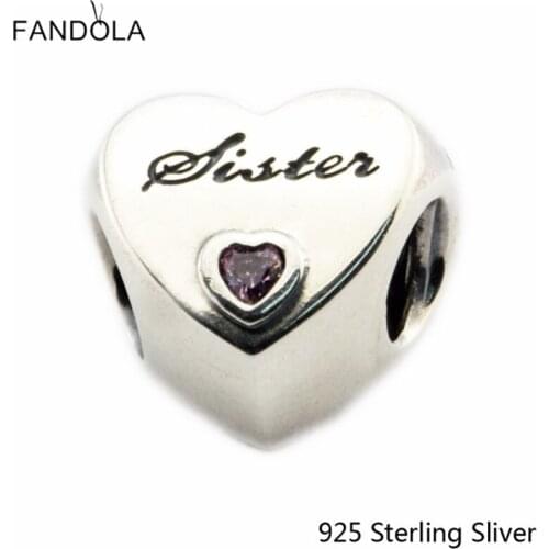 CKK 925 Sterling Silver Heart Sisters Love, Pink Charms Original Beads Fits Bracelets & Bangle DIY Jewelry