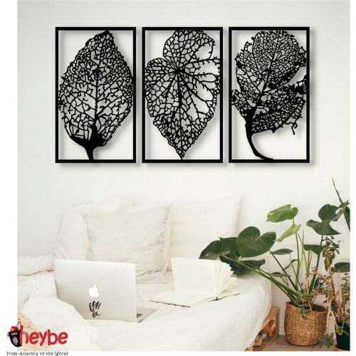 Wood Wall Art Leaf Decor 3 Pieces Black Color Modern Nature Home Office Living Room Bedroom Kitchen New Quality Gift Ideas 3D Creative Stylish Decorative 2021 Modern Ornament Beautiful Cute Painting Souvenir MDF