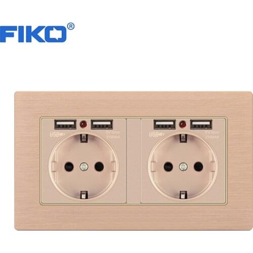 FIKO Double 16A EU wall power standard with dual USB family hotel ,Aluminium Alloy Panel EU standard 146*86mm 4USB