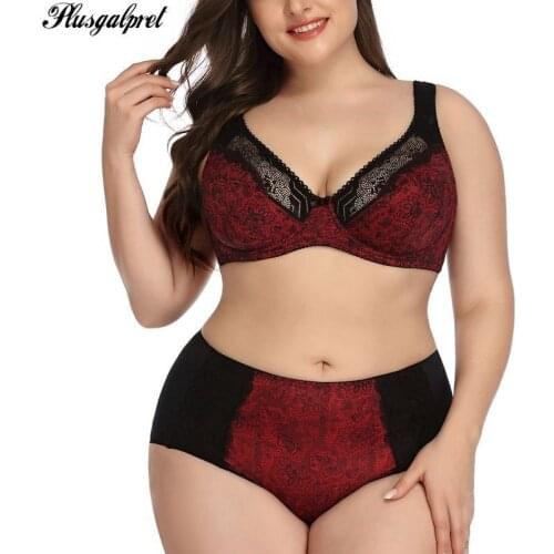 PlusGalpret Floral Print Lace Bra and Panty Set Women Sexy Lingerie Bra Set Intimates Ladies Underwear Set 85-110 D Cup XL-6XL