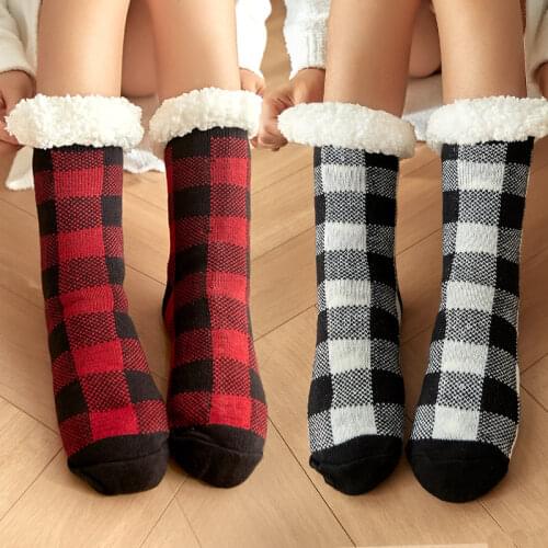 Plaid Short Socks Winter Warm Plush Non slip Grip Sleeping Fuzzy Fluffy Soft Female Womens Floor Slipper Sock Casual 2021 New