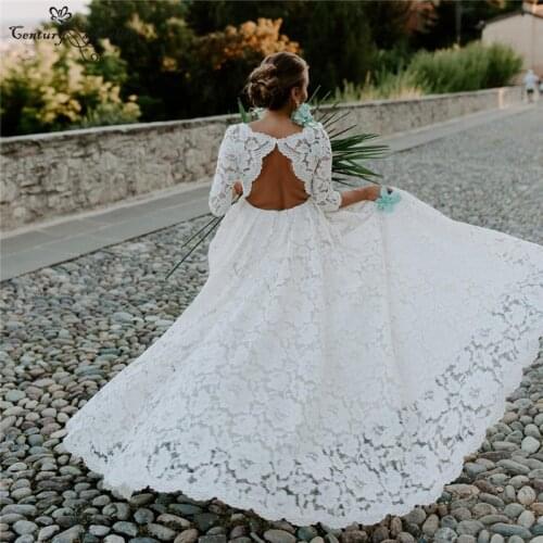 Lace Wedding Dresses Boho 3/4 Long Sleeve O-Neck Backless Bohemian Bridal Gowns Plus Size Bride Dress Beach Vestidos De Novia