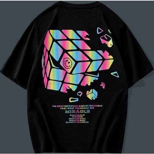 Summer Japanese Rubiks Cube Couple Personalized Short Sleeve Reflective Personality Fashion T-shirt