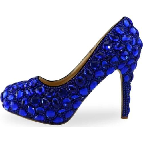 Loveincrystal Women Blue Crystal Party Dress Shoes Rhinestone Bridesmaid Shoes Platform Pumps Bridal Wedding Shoes Ladies