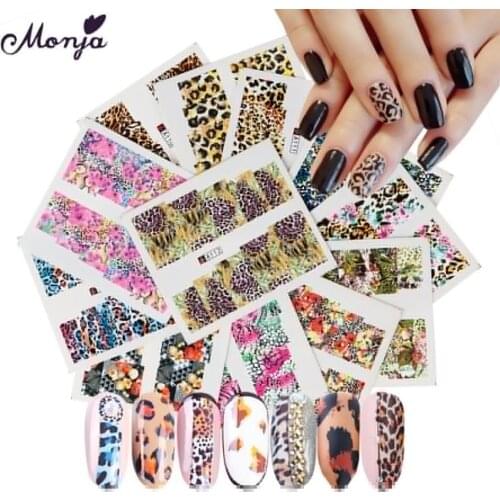 Monja 12 Pcs/Set Flower Animal Leopard Pattern Water Transfer Nail Art Sticker Water Slider Nail Decals DIY Manicure Decoration