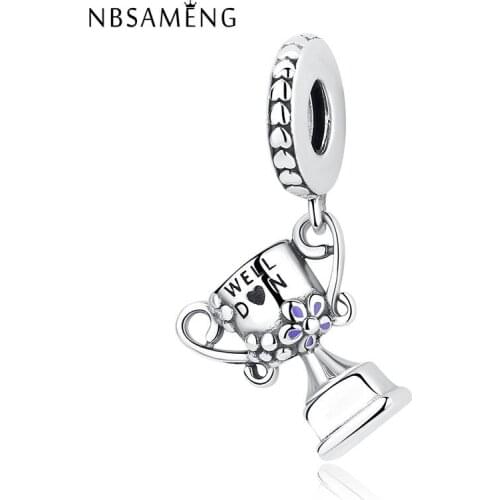 New 925 Sterling Silver Pink Crystal & Lilac Enamel Achievement Trophy Dangle Charm Beads Charm Fit Bracelets Jewelry