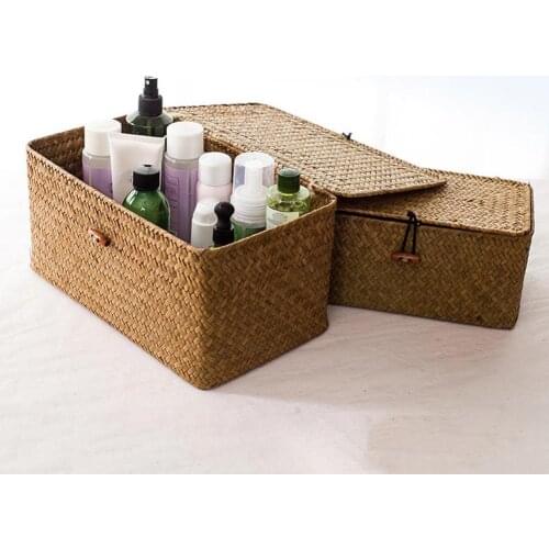 Hot Retro Handmade Straw Woven Makeup Storage Box Toys Clothing Holder Basket With Lid Home Sundries Makeup Rattan Organizer Box