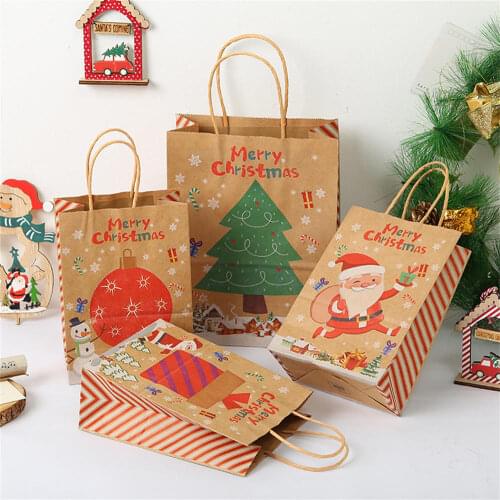 Christmas Kraft Paper Bag Santa Claus New Year Party Gift Pakcaging Handle Bag Child Favors Cookies Snack Decoration