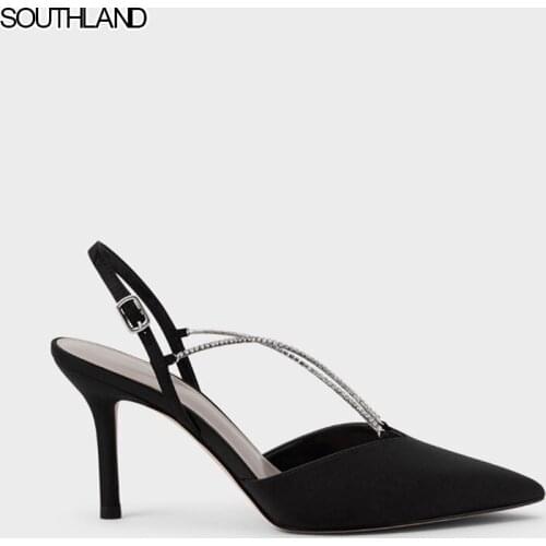 SOUTHLAND 2021 Spring Rhinestone Chain Pointed Satin Stiletto Heels sandals