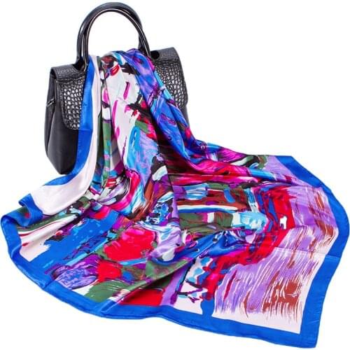 Women Vintage Square Scarf Bandana Muslim Hijab Oil Painting Building Print Shawl Stole Imitate Silk Scarves 90*90cm