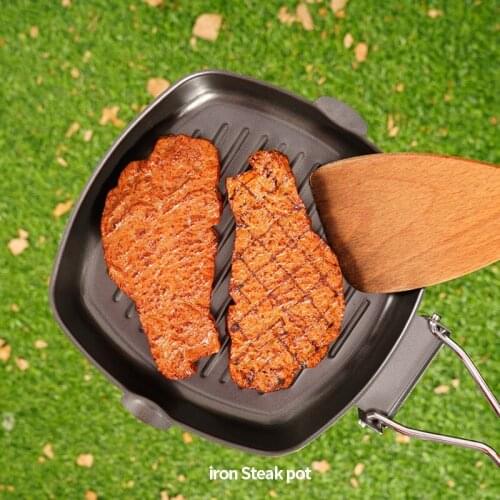 Outdoor BBQ Pan Picnic Folding Portable Frying Pan Cast Iron Pot Baking Pan Anti-scalding Wooden Handle Double Mouth Deep Steak