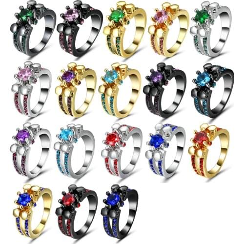 TianBo 2017 Fashion Luxury Vintage Black Gold Color Blue red Purple Zircon Crystal Round Rings for Women Wedding Rings Jewelry